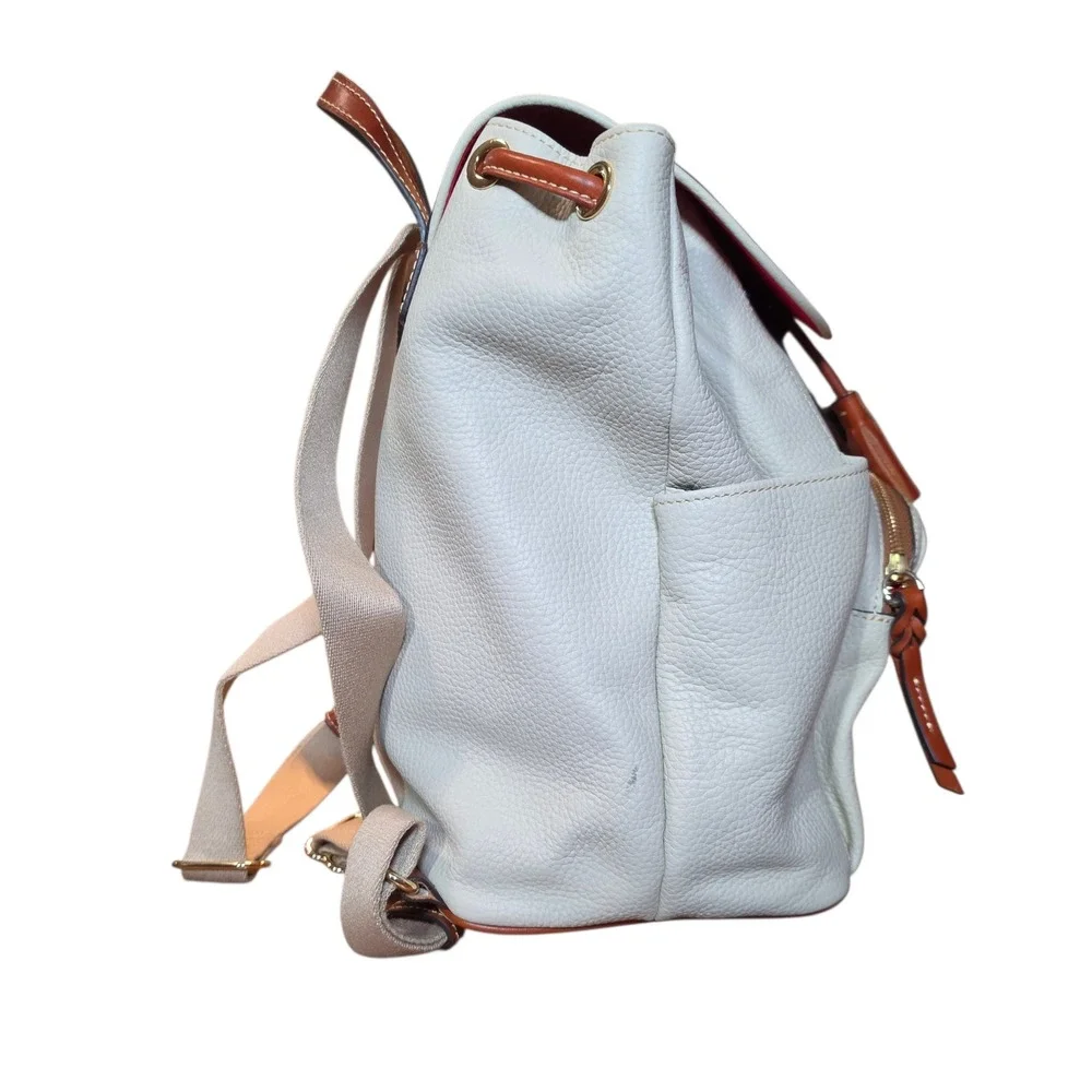 Dooney & Bourke Pebbled Leather Drawstring Backpack White Tan Tassel Logo